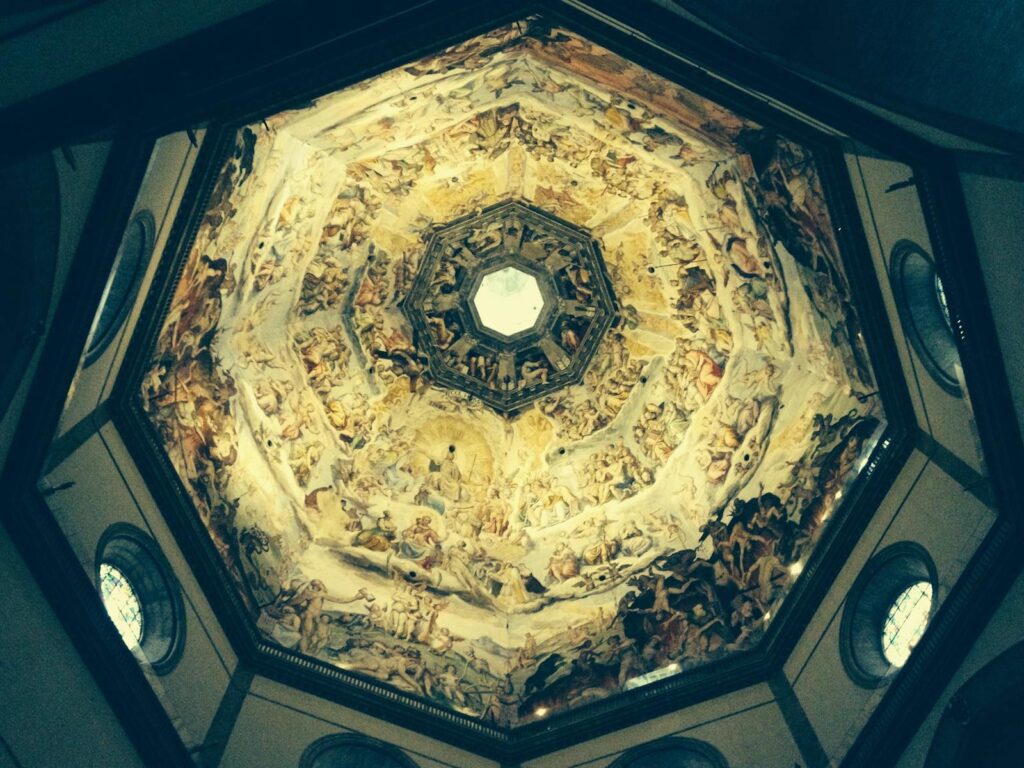 Detailed fresco painting inside Brunelleschi's Dome at the Florence cathedral.